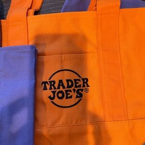 2 Trader Joe's Orange and Purple Canvas Tote Bags NEW WITH TAGS